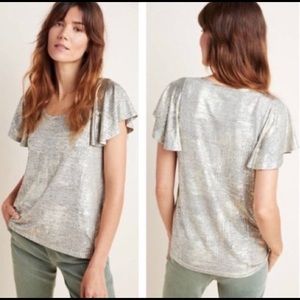 Anthropologie Metallic Gold Ruffle Shoulder Flutter Sleeve Top Small Holiday